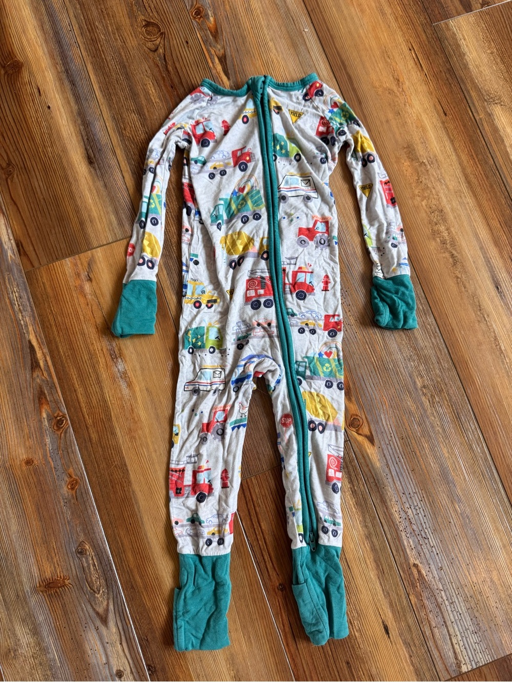 Little sleepies - 12-18 month - Footed Pajama - Teal Trim with Multicolor Trucks